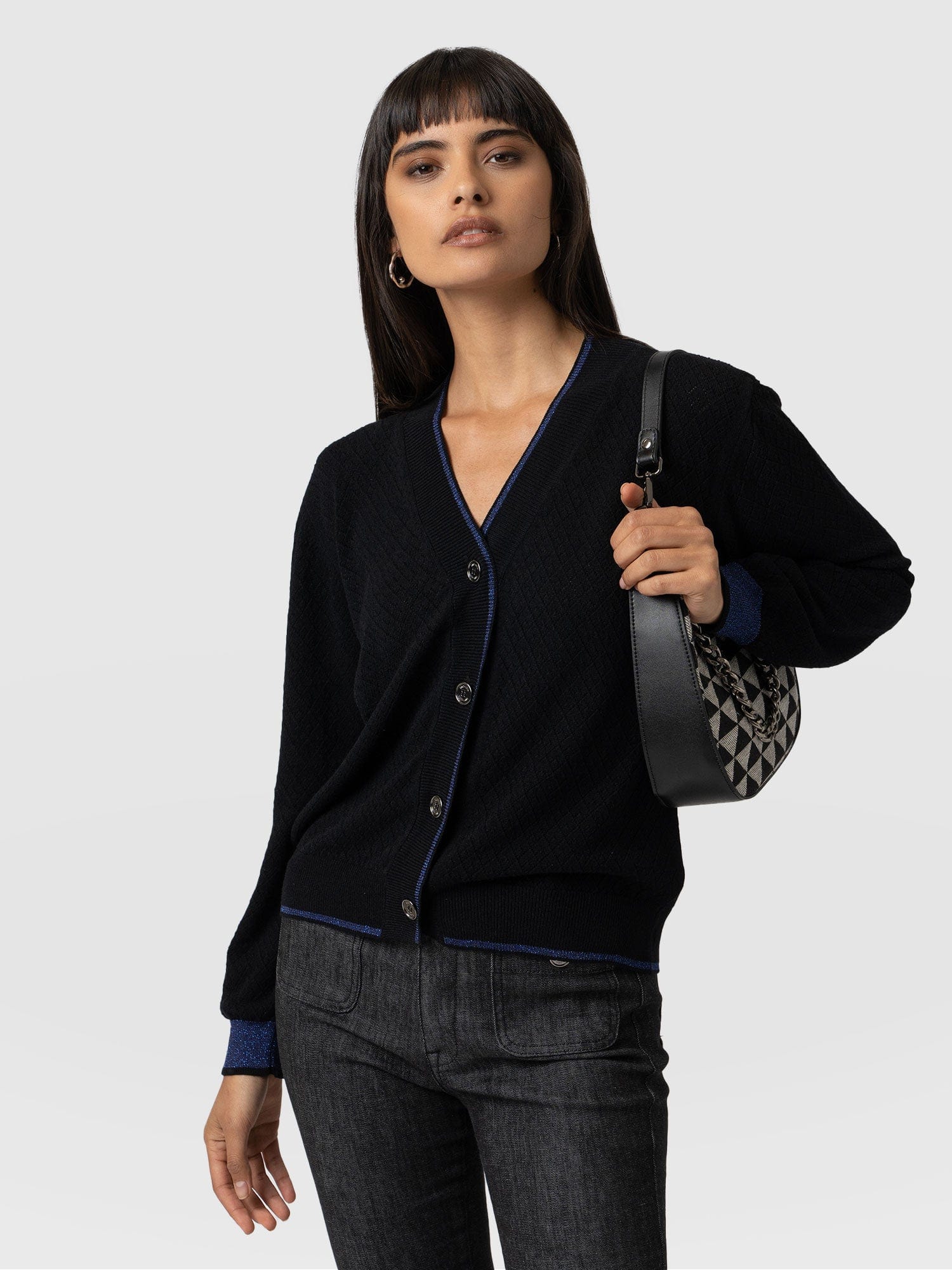 Diamond Knit Cardigan - Black with Navy